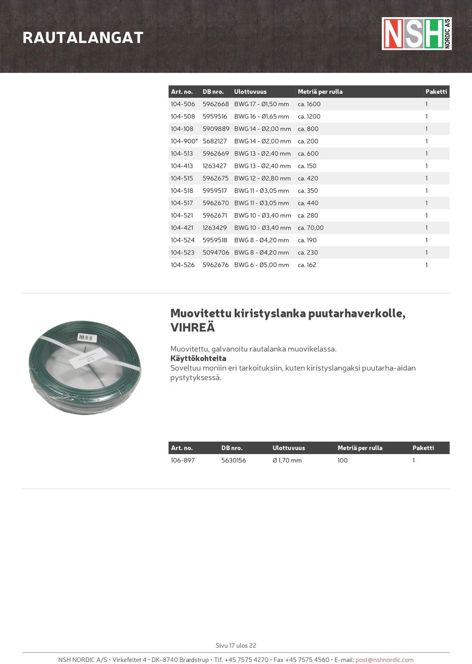 280 04-42 263429 BWG 0 - Ø3,40 mm ca. 70,00 04-524 595958 BWG 8 - Ø4,20 mm ca. 90 04-523 5094706 BWG 8 - Ø4,20 mm ca. 230 04-526 5962676 BWG 6 - Ø5,00 mm ca.