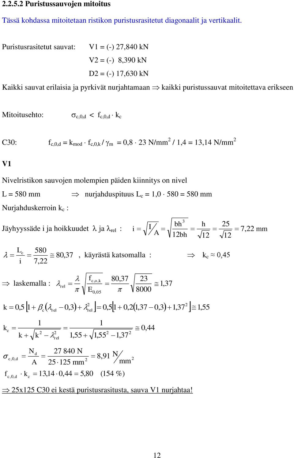 f,0, = k mo f,0,k / m = 0,8 N/ / 1,4 = 1,14 N/ V1 Nivelristikon sauvojen molempien päien kiinnitys on nivel L = 580 nurjahuspituus L = 1,0 580 = 580 Nurjahuskerroin k : Jäyhyyssäe i ja hoikkuuet ja