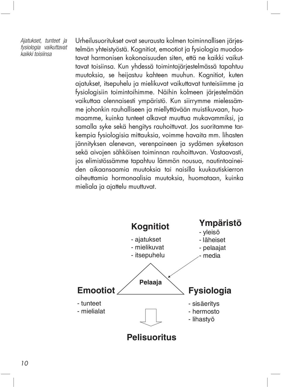 Kognitiot, kuten ajatukset, itsepuhelu ja mielikuvat vaikuttavat tunteisiimme ja fysiologisiin toimintoihimme. Näihin kolmeen järjestelmään vaikuttaa olennaisesti ympäristö.