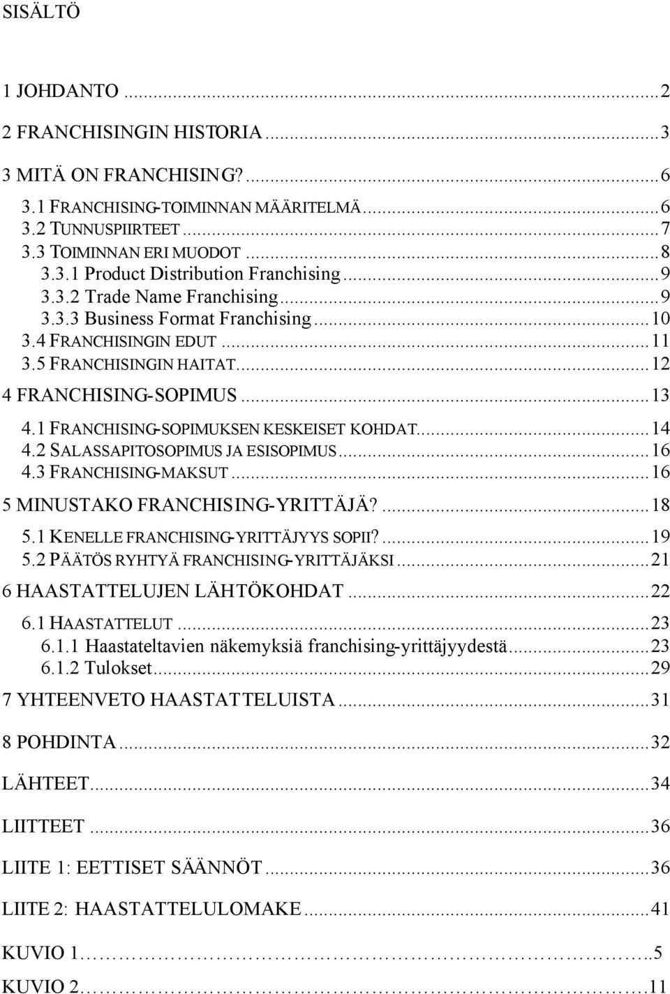 1 FRANCHISING-SOPIMUKSEN KESKEISET KOHDAT...14 4.2 SALASSAPITOSOPIMUS JA ESISOPIMUS...16 4.3 FRANCHISING-MAKSUT...16 5 MINUSTAKO FRANCHISING-YRITTÄJÄ?...18 5.1 KENELLE FRANCHISING-YRITTÄJYYS SOPII?