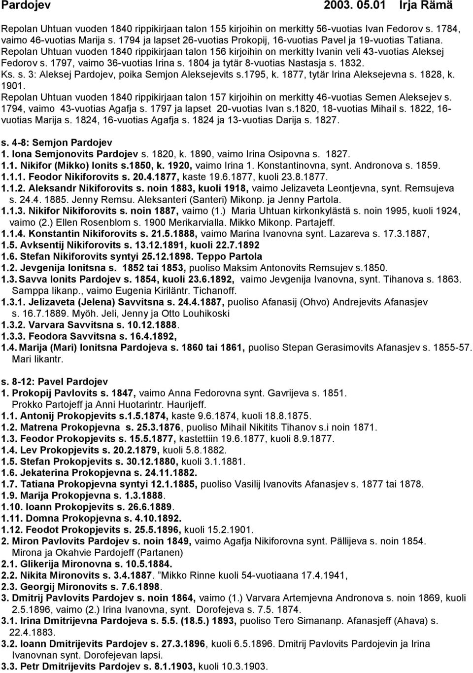 1797, vaimo 36-vuotias Irina s. 1804 ja tytär 8-vuotias Nastasja s. 1832. Ks. s. 3: Aleksej Pardojev, poika Semjon Aleksejevits s.1795, k. 1877, tytär Irina Aleksejevna s. 1828, k. 1901.