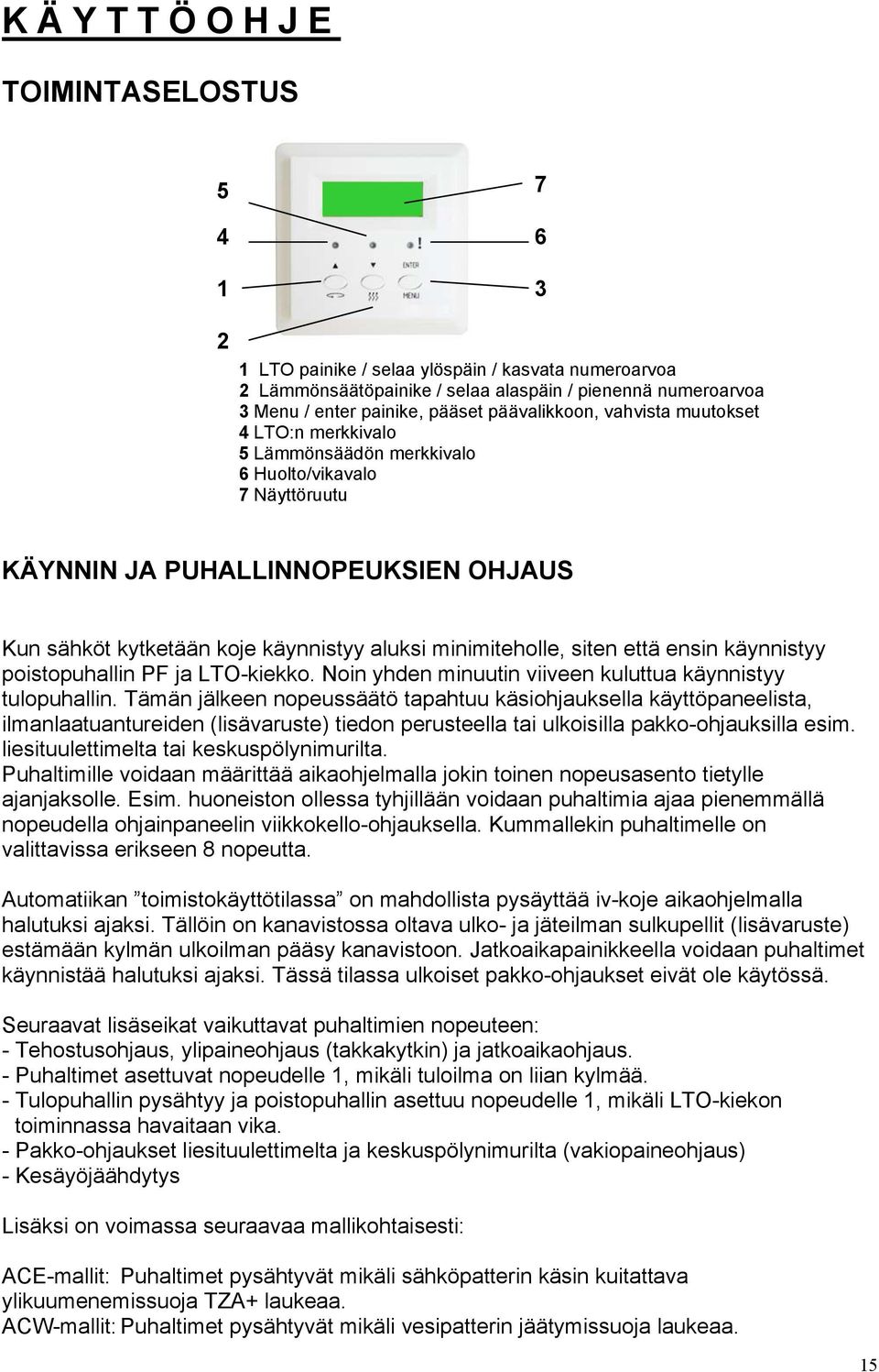 minimiteholle, siten että ensin käynnistyy poistopuhallin PF ja LTO-kiekko. Noin yhden minuutin viiveen kuluttua käynnistyy tulopuhallin.