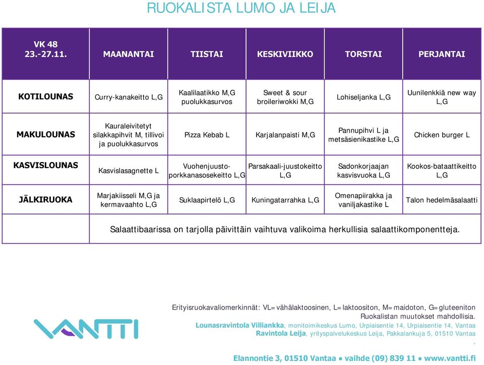 Karjalanpaisti MG Pannupihvi L ja metsäsienikastike Chicken burger L Kasvislasagnette L Vuohenjuustoporkkanasosekeitto Parsakaali-juustokeitto