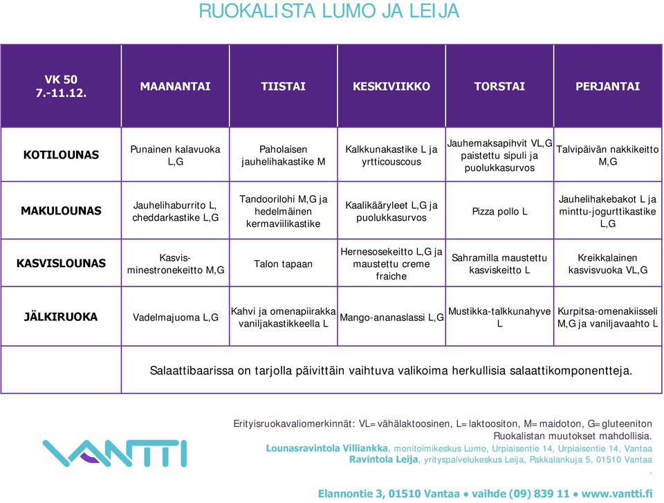 Tandoorilohi MG ja hedelmäinen kermaviilikastike Kaalikääryleet ja Pizza pollo L Jauhelihakebakot L ja minttu-jogurttikastike Kasvisminestronekeitto MG Talon tapaan Hernesosekeitto ja