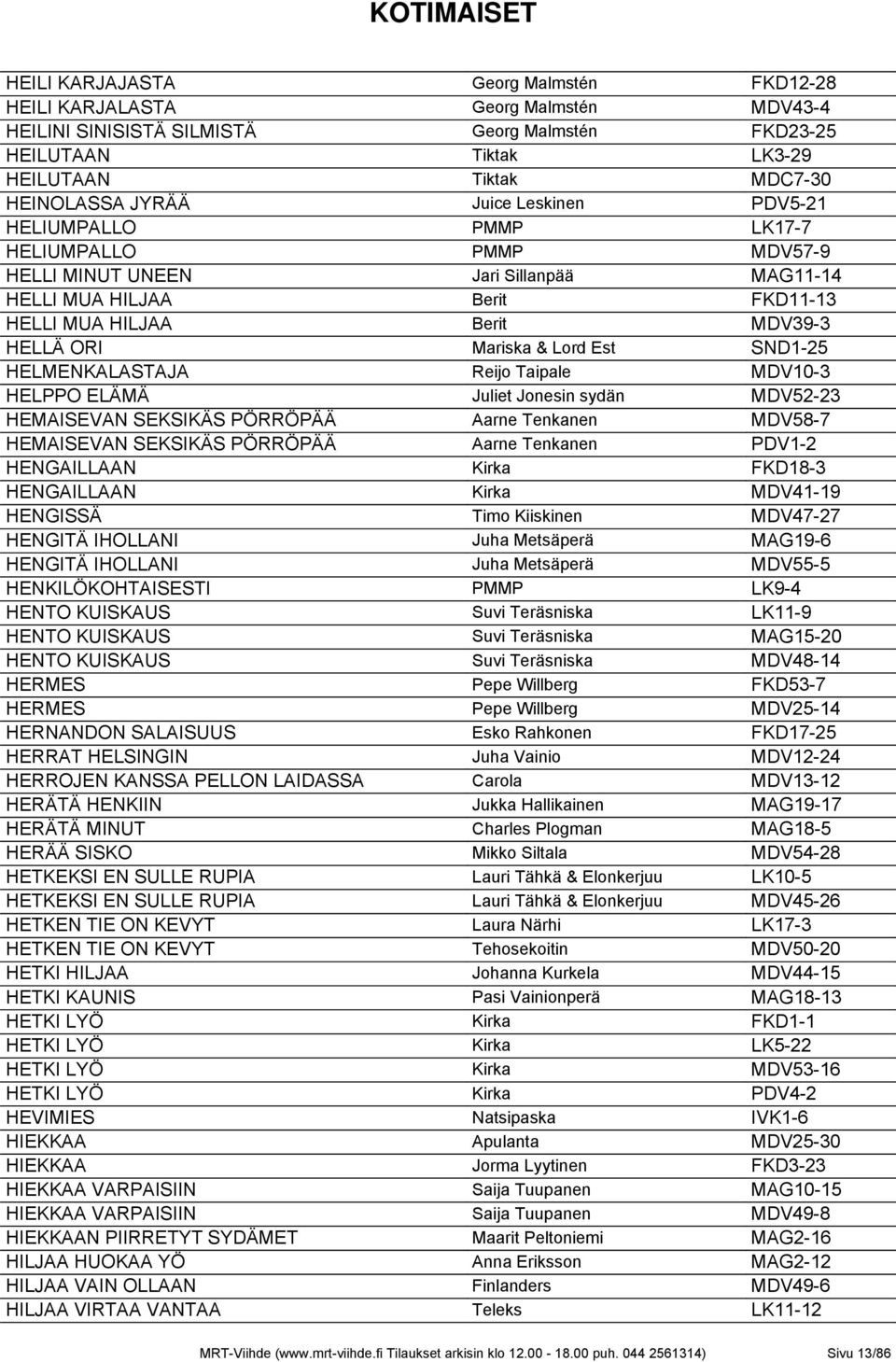 Lord Est SND1-25 HELMENKALASTAJA Reijo Taipale MDV10-3 HELPPO ELÄMÄ Juliet Jonesin sydän MDV52-23 HEMAISEVAN SEKSIKÄS PÖRRÖPÄÄ Aarne Tenkanen MDV58-7 HEMAISEVAN SEKSIKÄS PÖRRÖPÄÄ Aarne Tenkanen