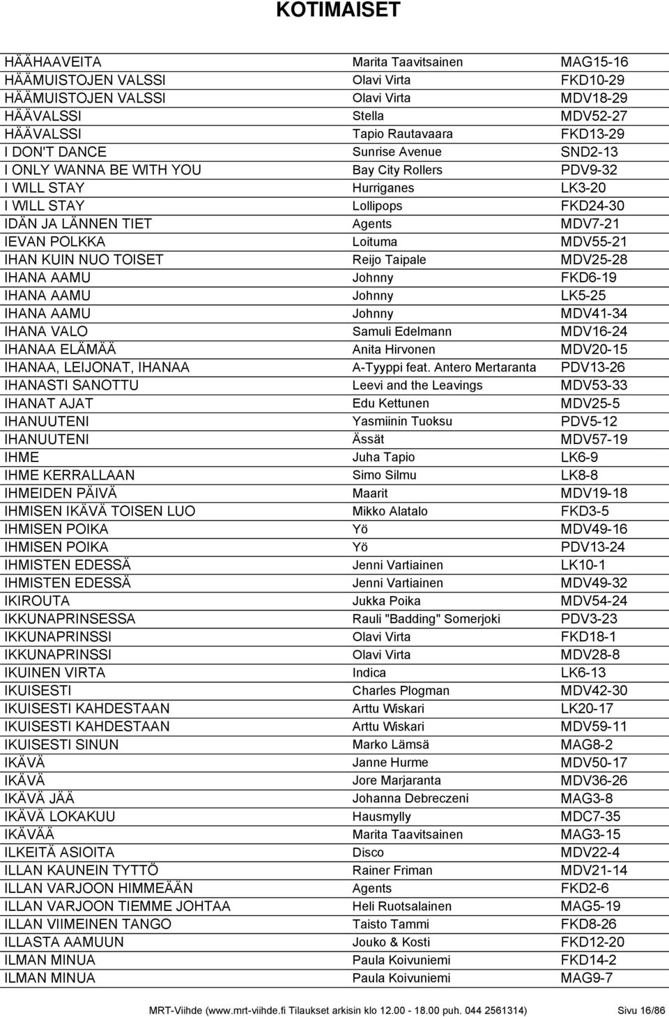 IHAN KUIN NUO TOISET Reijo Taipale MDV25-28 IHANA AAMU Johnny FKD6-19 IHANA AAMU Johnny LK5-25 IHANA AAMU Johnny MDV41-34 IHANA VALO Samuli Edelmann MDV16-24 IHANAA ELÄMÄÄ Anita Hirvonen MDV20-15