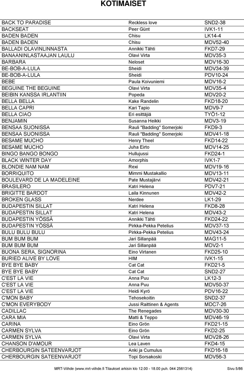 MDV20-2 BELLA BELLA Kake Randelin FKD18-20 BELLA CAPRI Kari Tapio MDV9-7 BELLA CIAO Eri esittäjiä TYÖ1-12 BENJAMIN Susanna Heikki MDV3-19 BENSAA SUONISSA Rauli "Badding" Somerjoki FKD9-3 BENSAA