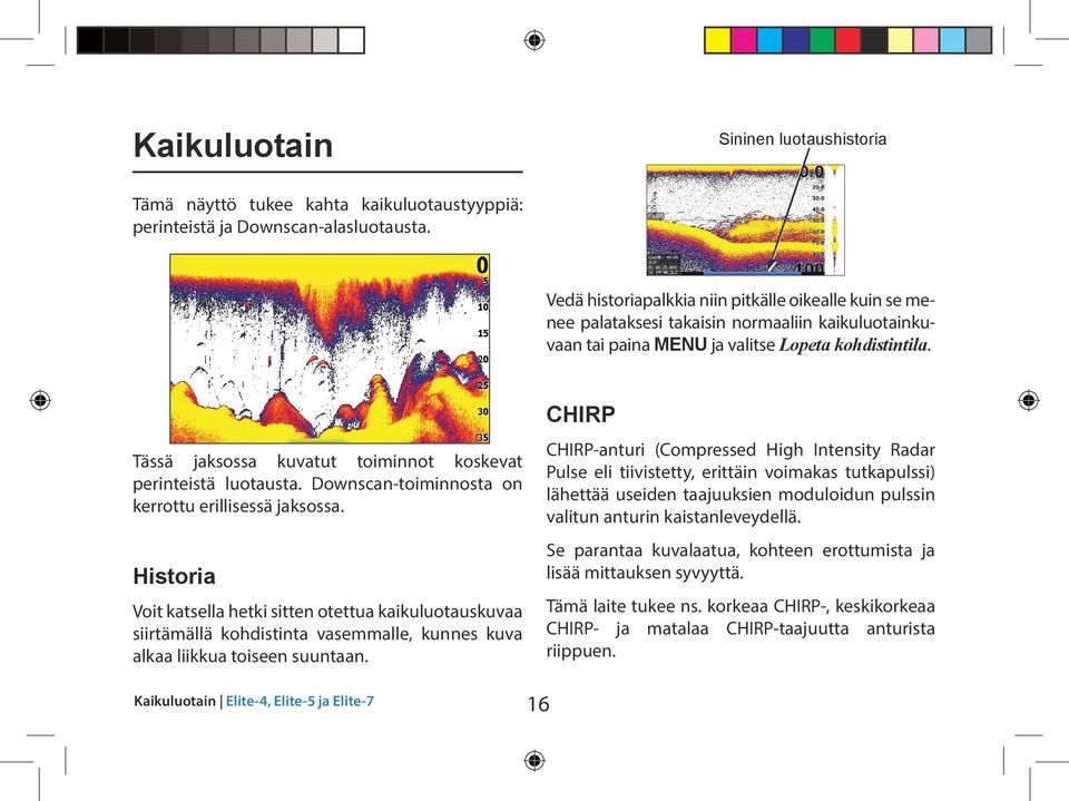 Tässä jaksossa kuvatut toiminnot koskevat perinteistä luotausta. Downscan-toiminnosta on kerrottu erillisessä jaksossa.