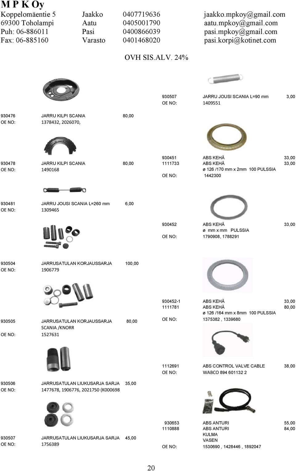 CABLE WABCO 894 601132 2 38,00 ABS ANTURI ABS ANTURI KULMA VASEN 1530690, 1428446, 1892047 55,00 84,00 80,00 80,00 6,00 930452 930504 JARRUSATULAN KORJAUSSARJA 1906779 100,00 930452-1 1111781 930505