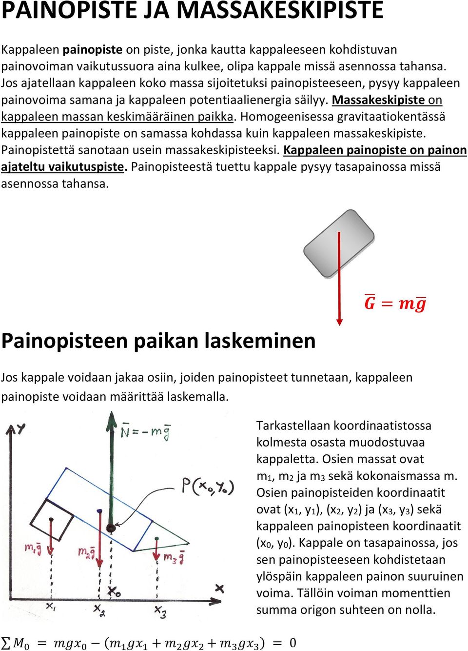Homogeenisessa gravitaatiokentässä kappaleen painopiste on samassa kohdassa kuin kappaleen massakeskipiste. Painopistettä sanotaan usein massakeskipisteeksi.