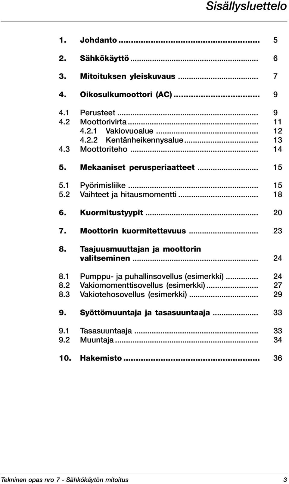 .. 20 7. Moottorin kuormitettavuus... 23 8. Taajuusmuuttajan ja moottorin valitseminen... 24 8.1 Pumppu- ja puhallinsovellus (esimerkki)... 24 8.2 Vakiomomenttisovellus (esimerkki).