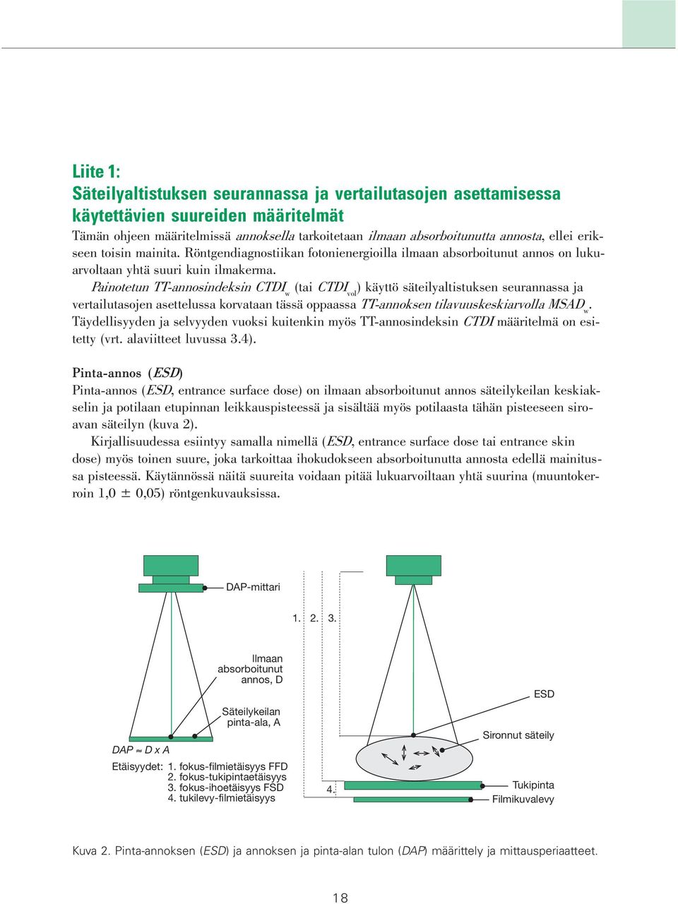 Painotetun TT-annosindeksin CTDI w (tai CTDI vol ) käyttö säteilyaltistuksen seurannassa ja vertailutasojen asettelussa korvataan tässä oppaassa TT-annoksen tilavuuskeskiarvolla MSAD w.