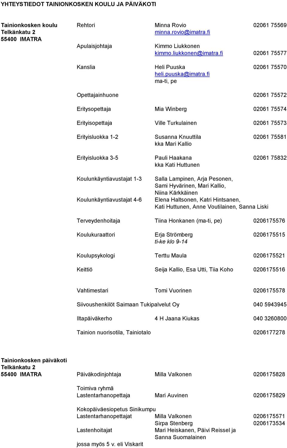 fi ma-ti, pe Opettajainhuone 02061 75572 Eritysopettaja Mia Winberg 02061 75574 Erityisopettaja Ville Turkulainen 02061 75573 Erityisluokka 1-2 Susanna Knuuttila 02061 75581 kka Mari Kallio