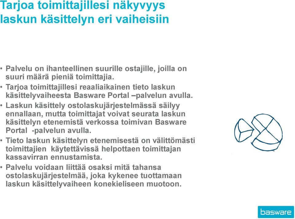 Laskun käsittely ostolaskujärjestelmässä säilyy ennallaan, mutta toimittajat voivat seurata laskun käsittelyn etenemistä verkossa toimivan Basware Portal -palvelun avulla.