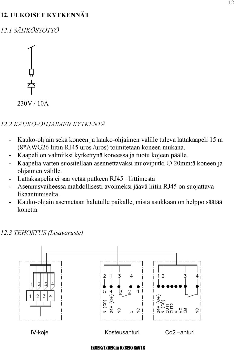 - Kaapeli on valmiiksi kytkettynä koneessa ja tuotu kojeen päälle. - Kaapelia varten suositellaan asennettavaksi muoviputki 20mm:ä koneen ja ohjaimen välille.