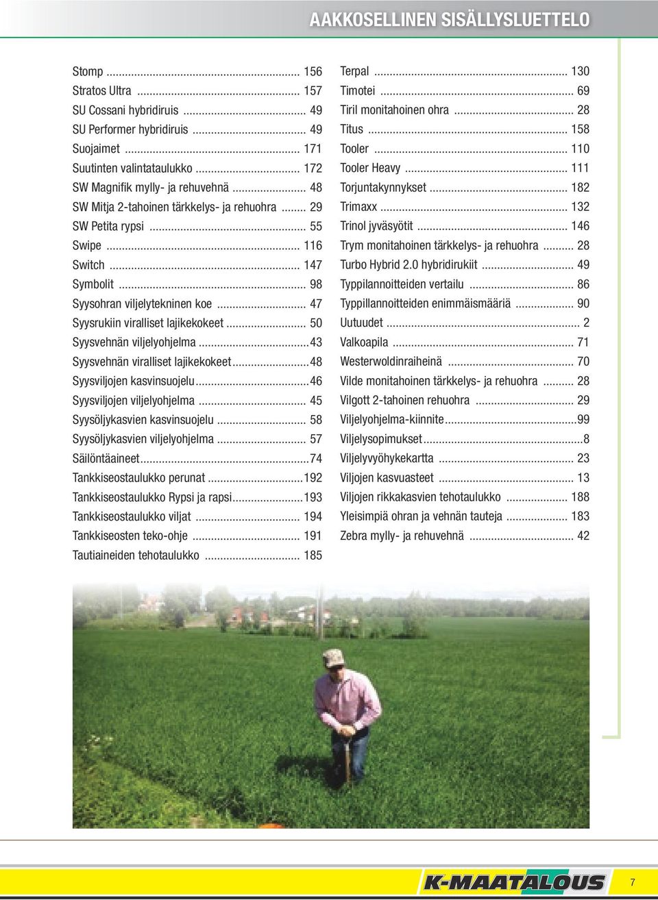 .. 47 Syysrukiin viralliset lajikekokeet... 50 Syysvehnän viljelyohjelma...43 Syysvehnän viralliset lajikekokeet...48 Syysviljojen kasvinsuojelu...46 Syysviljojen viljelyohjelma.