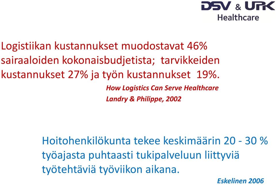 How Logistics Can Serve Healthcare Landry & Philippe, 2002 Hoitohenkilökunta