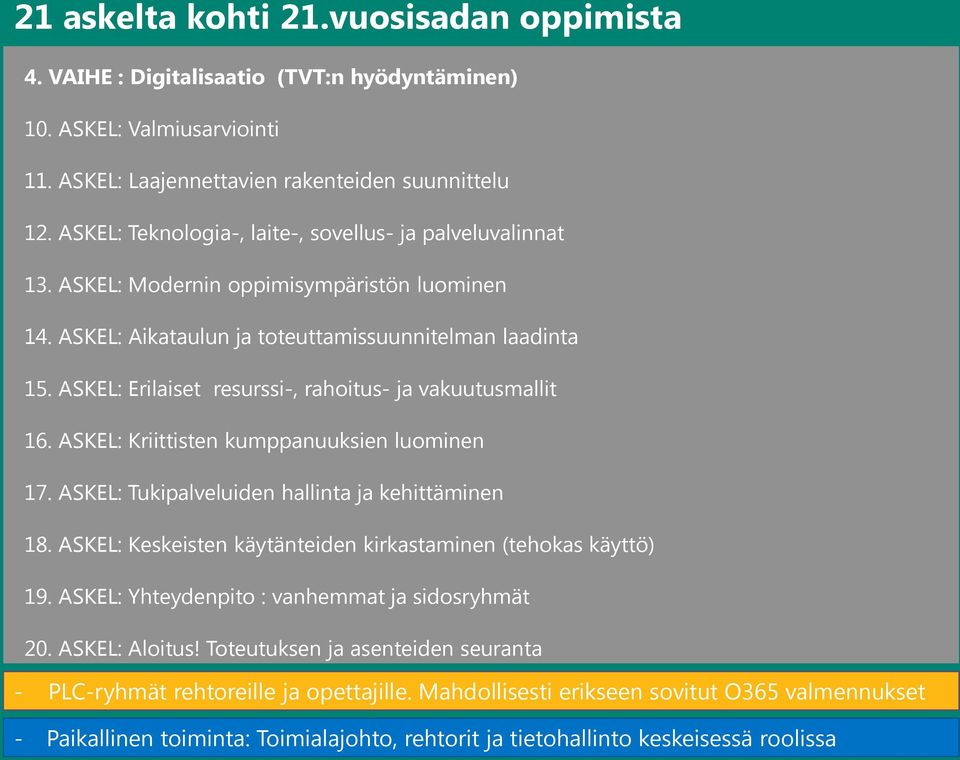 ASKEL: Erilaiset resurssi-, rahoitus- ja vakuutusmallit 16. ASKEL: Kriittisten kumppanuuksien luominen 17. ASKEL: Tukipalveluiden hallinta ja kehittäminen 18.