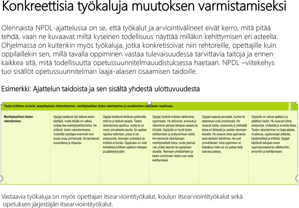 Ohjelmassa on kuitenkin myös työkaluja, jotka konkretisoivat niin rehtoreille, opettajille kuin oppilaillekin sen, millä tavalla oppiminen vastaa tulevaisuudessa tarvittavia taitoja ja ennen kaikkea