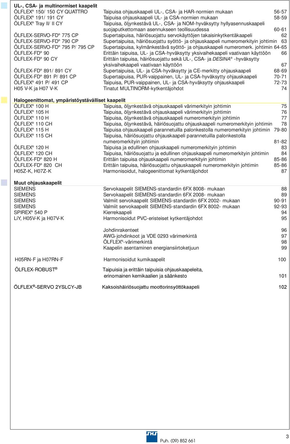 servokäyttöjen takaisinkytkentäkaapeli 62 ÖLFLEX-SERVO-FD 790 CP Supertaipuisa, häiriösuojattu syöttö- ja ohjauskaapeli numeromerkityin johtimin 63 ÖLFLEX-SERVO-FD 795 P/ 795 CP Supertaipuisa,