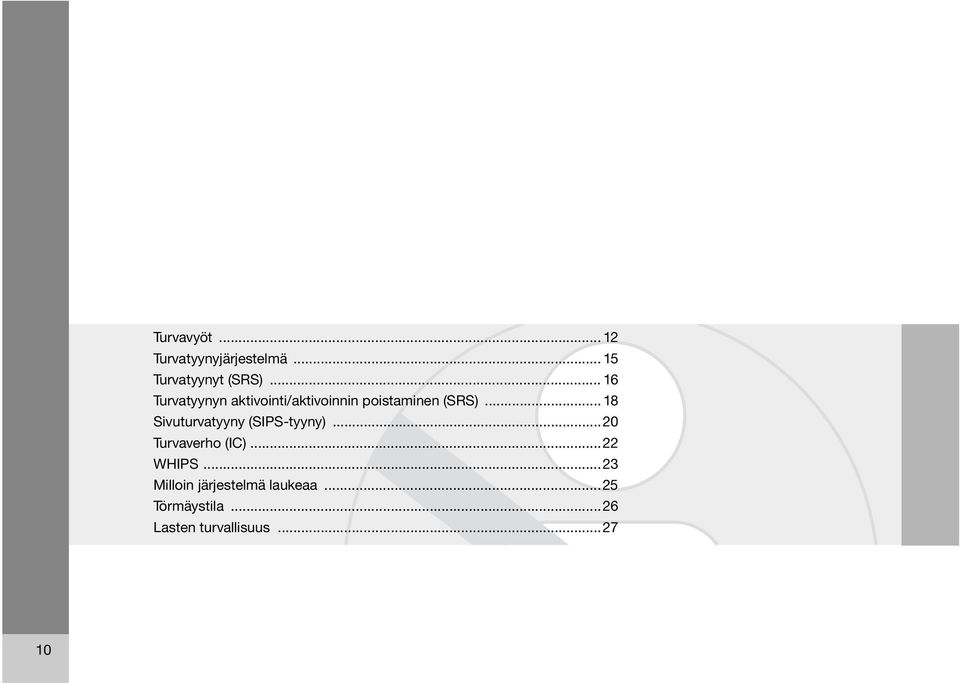 .. 18 Sivuturvatyyny (SIPS-tyyny)...20 Turvaverho (IC)...22 WHIPS.