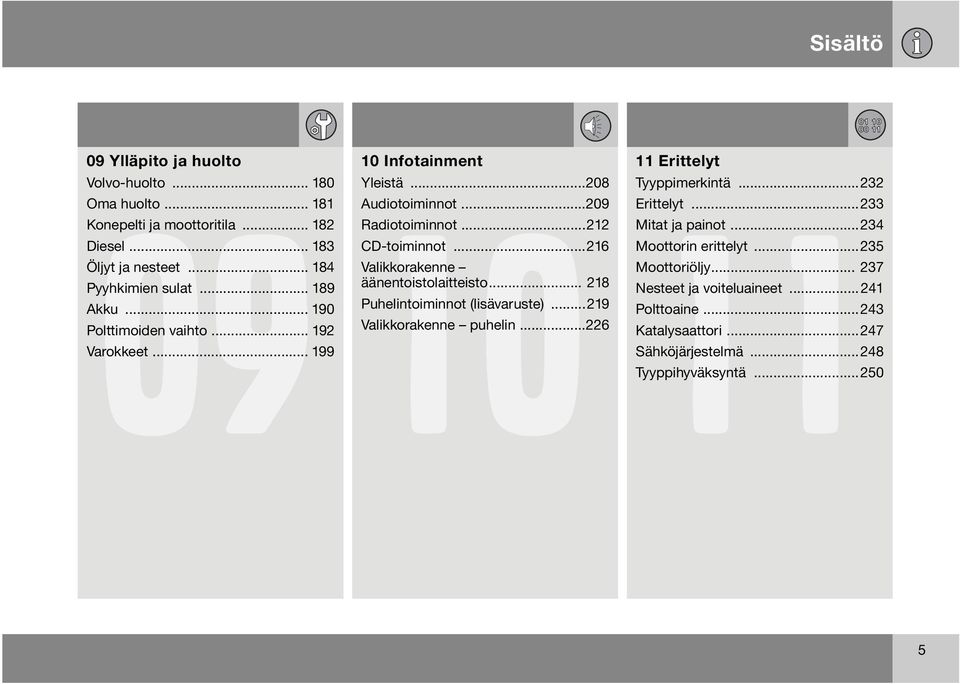 ..216 Valikkorakenne äänentoistolaitteisto... 218 Puhelintoiminnot (lisävaruste)...219 Valikkorakenne puhelin...226 11 Erittelyt Tyyppimerkintä...232 Erittelyt.