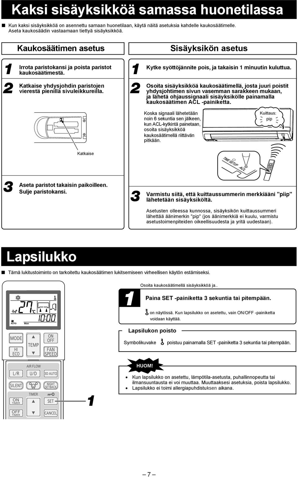 Sisäyksikön asetus Kytke syöttöjännite pois, ja takaisin minuutin kuluttua.