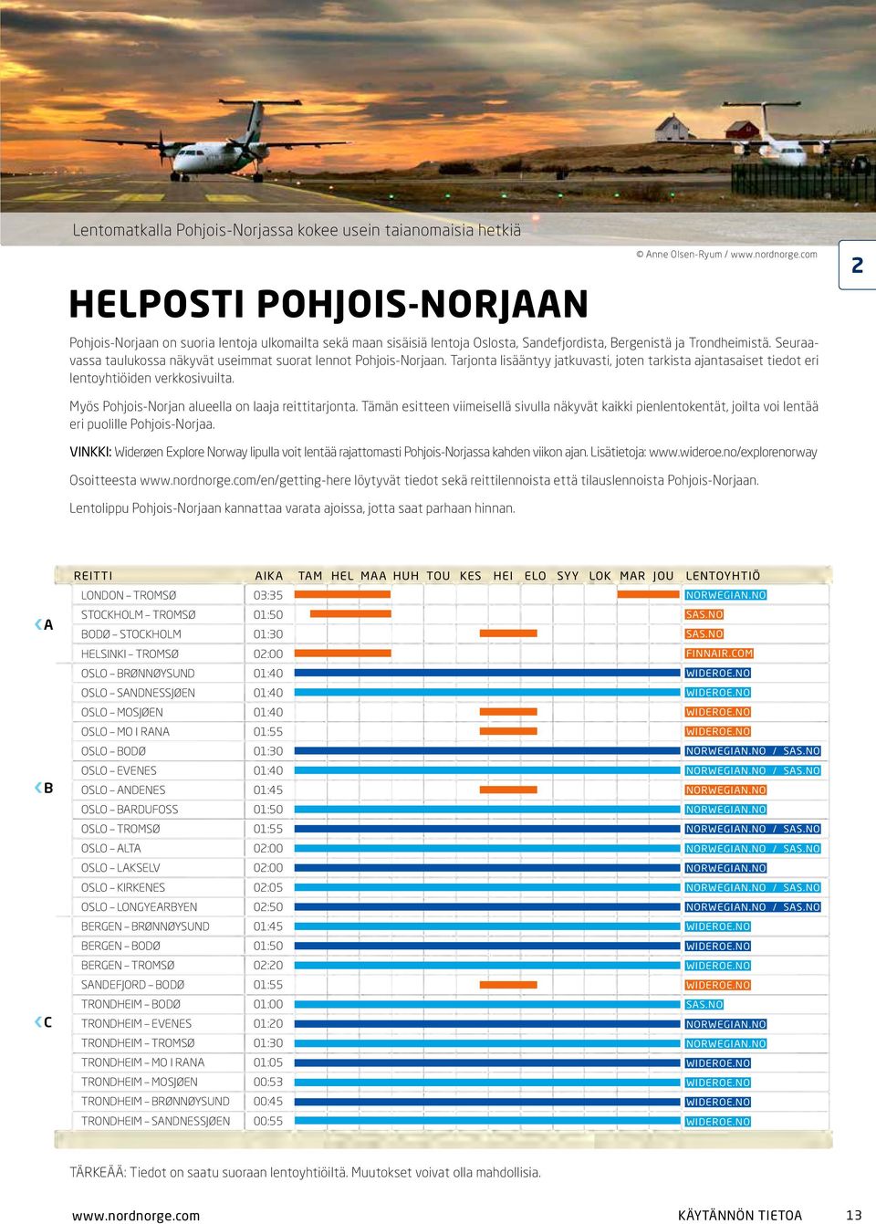 Tarjonta lisääntyy jatkuvasti, joten tarkista ajantasaiset tiedot eri lentoyhtiöiden verkkosivuilta. 2 Myös PohjoisNorjan alueella on laaja reittitarjonta.