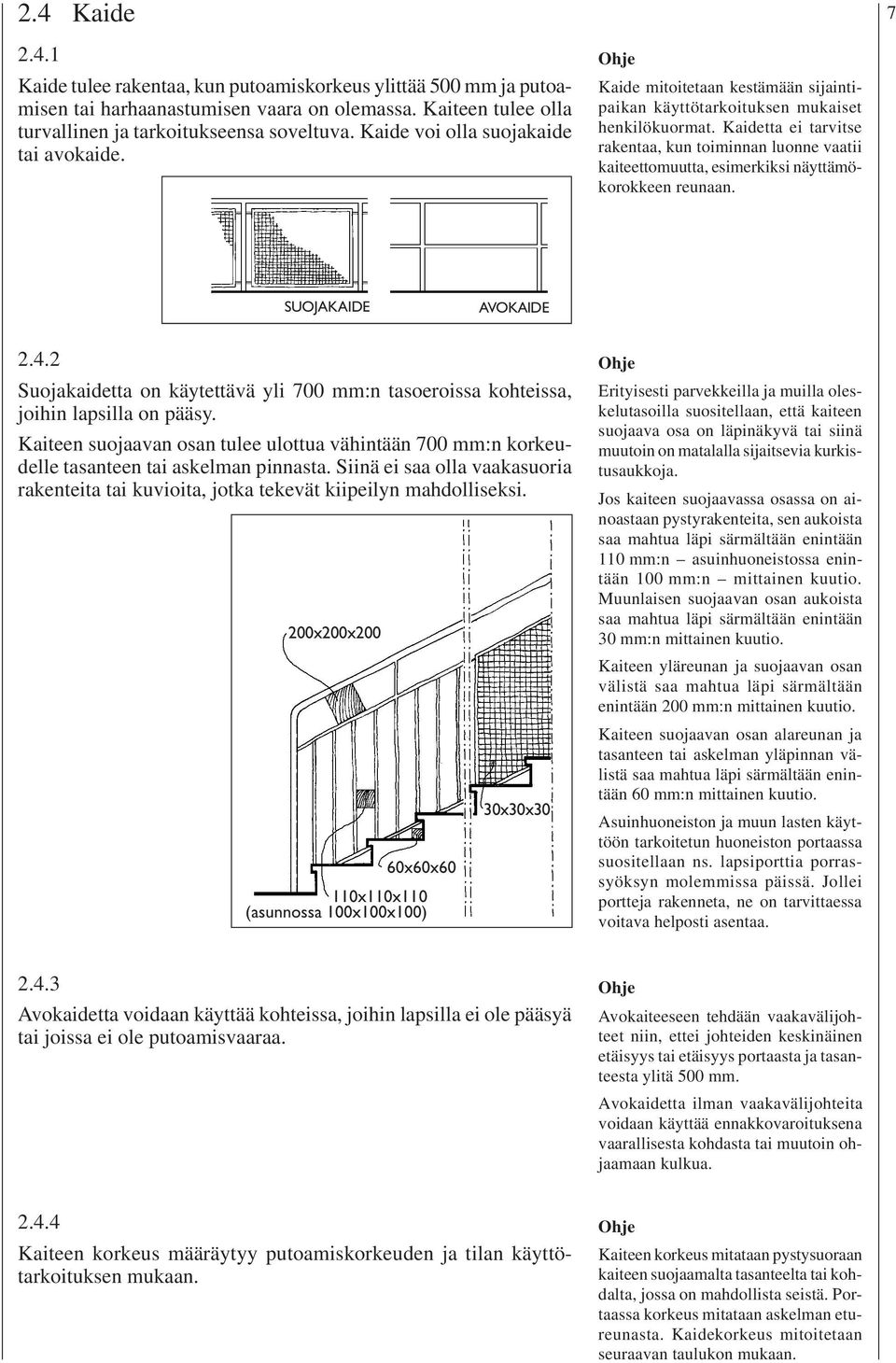 Kaidetta ei tarvitse rakentaa, kun toiminnan luonne vaatii kaiteettomuutta, esimerkiksi näyttämökorokkeen reunaan. SUOJAKAIDE AVOKAIDE 2.4.