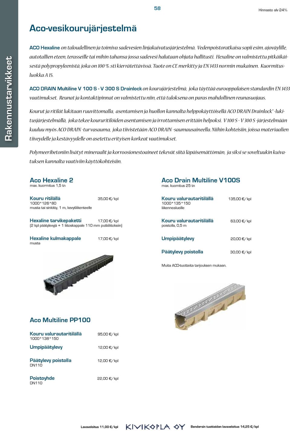 Tuote on CE merkitty ja EN 1433 normin mukainen. Kuormitusluokka A 15. ACO DRAIN Multiline V 100 S - V 300 S Drainlock on kourujärjestelmä, joka täyttää eurooppalaisen standardin EN 1433 vaatimukset.