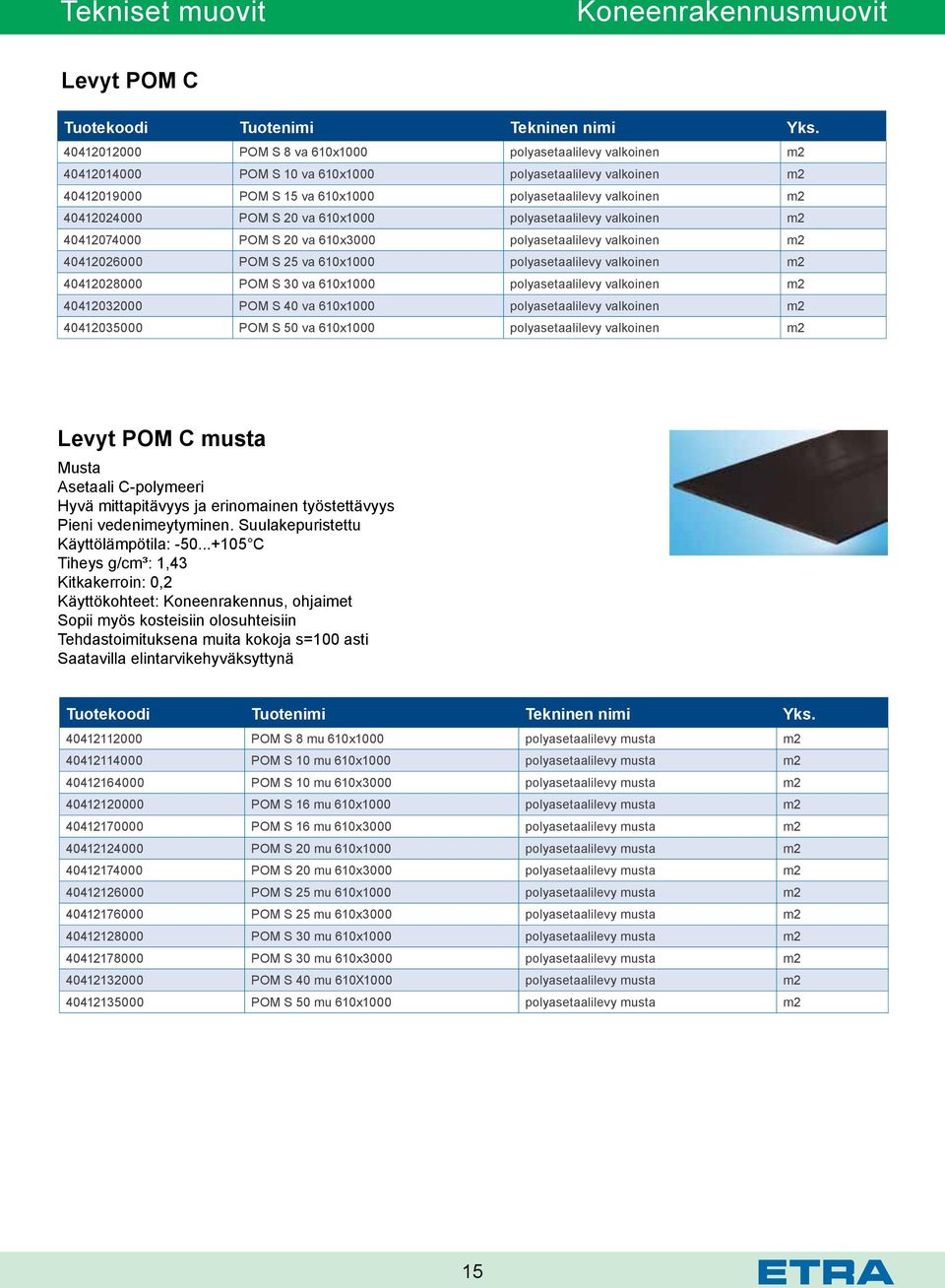 polyasetaalilevy valkoinen m2 40412028000 POM S 30 va 610x1000 polyasetaalilevy valkoinen m2 40412032000 POM S 40 va 610x1000 polyasetaalilevy valkoinen m2 40412035000 POM S 50 va 610x1000