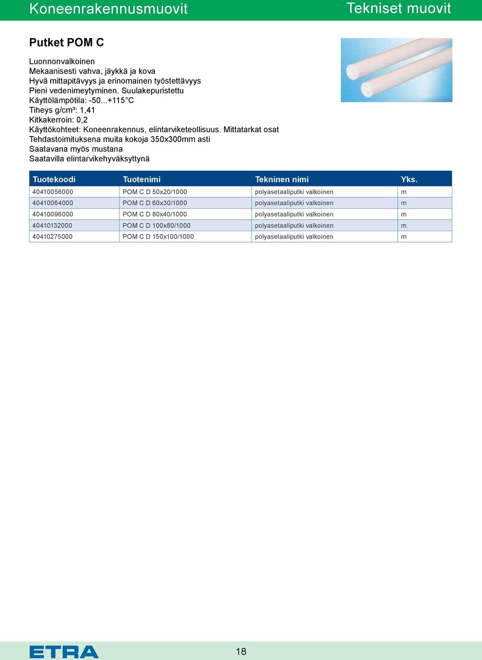 Mittatarkat osat Tehdastoimituksena muita kokoja 350x300mm asti Saatavana myös mustana Saatavilla elintarvikehyväksyttynä 40410056000 POM C D 50x20/1000 polyasetaaliputki valkoinen m