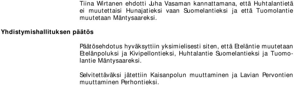 Päätösehdotus hyväksyttiin yksimielisesti siten, että Eteläntie muutetaan Etelänpoluksi ja Kivipellontieksi,