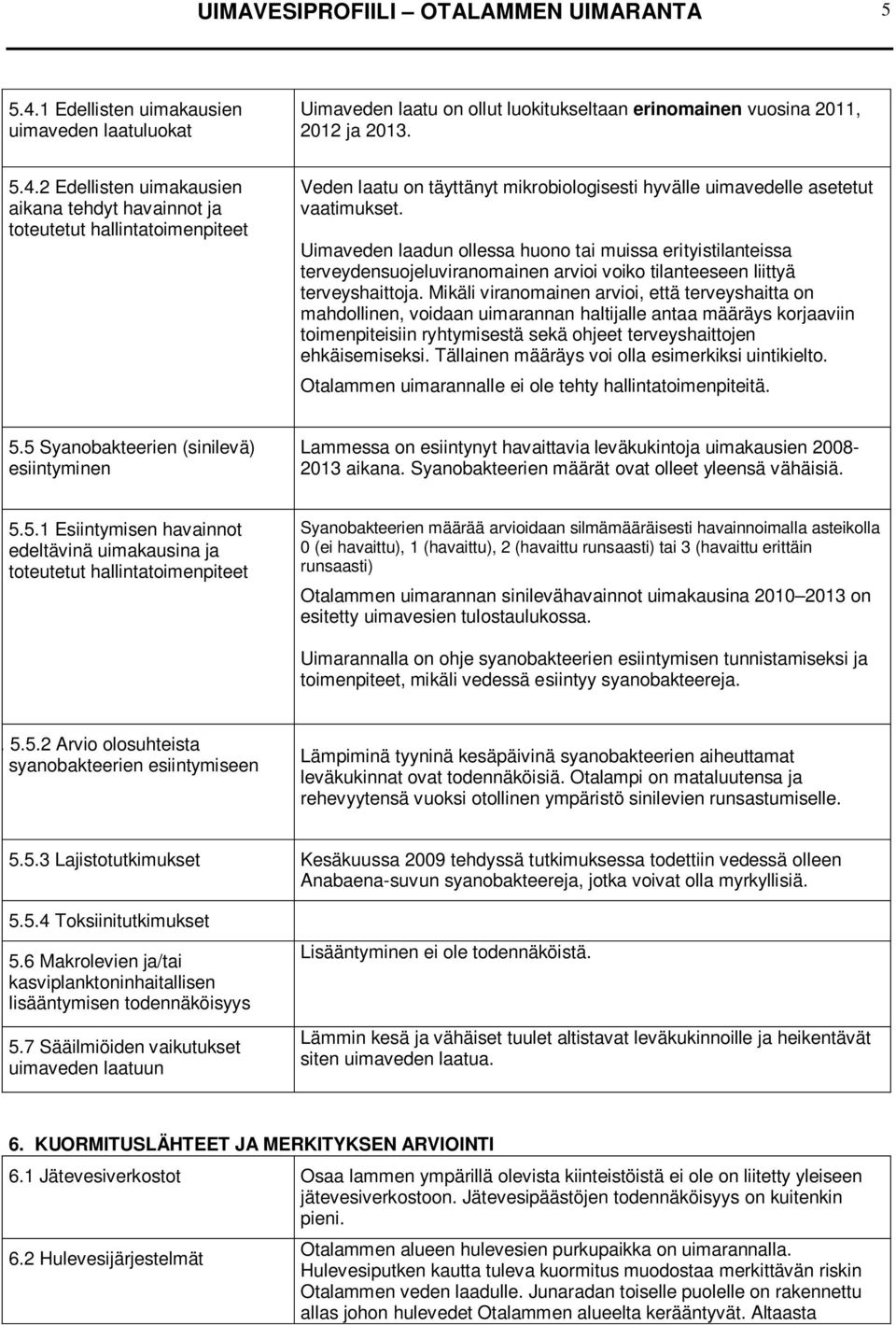 2 Edellisten uimakausien aikana tehdyt havainnot ja toteutetut hallintatoimenpiteet Veden laatu on täyttänyt mikrobiologisesti hyvälle uimavedelle asetetut vaatimukset.