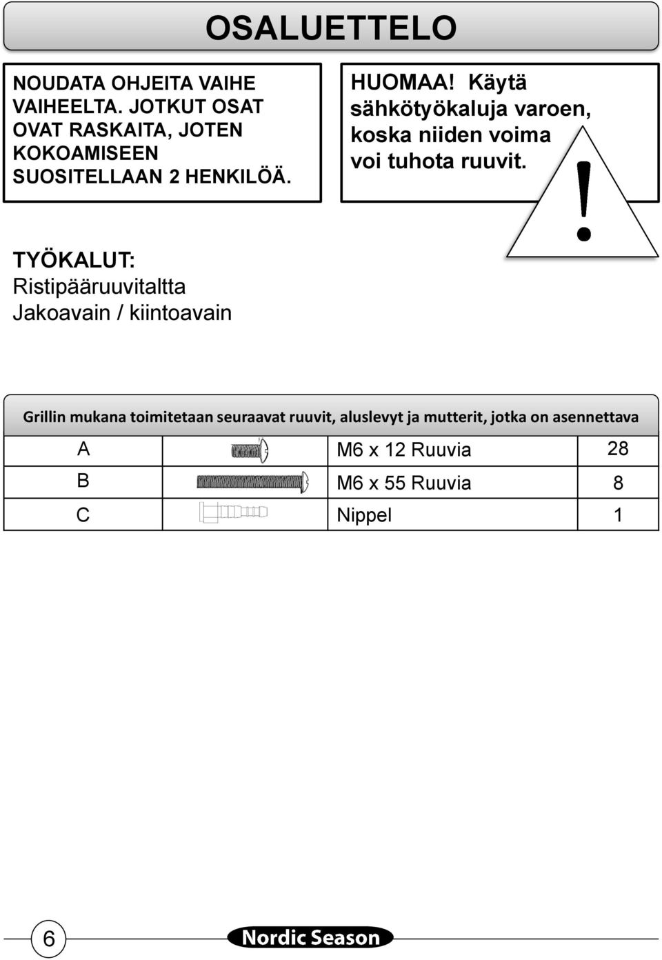 Käytä sähkötyökaluja varoen, koska niiden voima voi tuhota ruuvit.