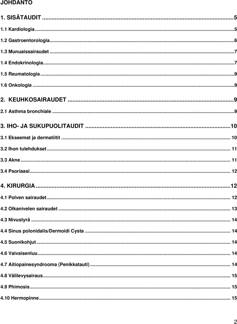 .. 11 3.4 Psoriaasi... 12 4. KIRURGIA...12 4.1 Polven sairaudet... 12 4.2 Olkanivelen sairaudet... 13 4.3 Nivustyrä... 14 4.4 Sinus polonidalis/dermoidi Cysta.