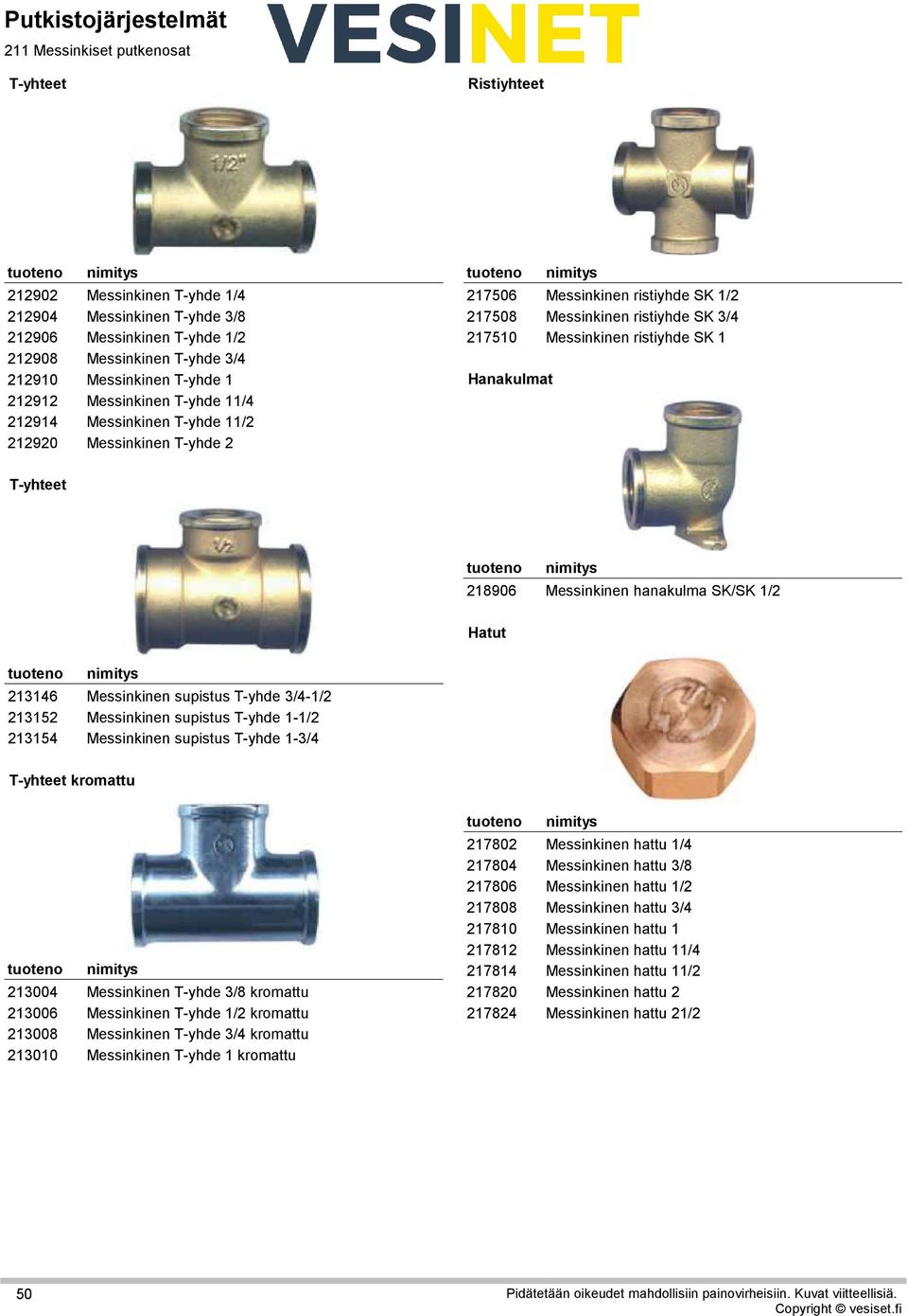Messinkinen ristiyhde SK 1 Hanakulmat T-yhteet 26218906 Messinkinen hanakulma SK/SK 1/2 Hatut 23213146 23213152 23213154 Messinkinen supistus T-yhde 3/4-1/2 Messinkinen supistus T-yhde 1-1/2