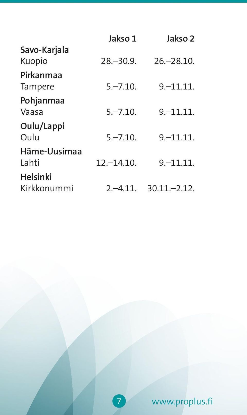 7.10. 9. 11.11. Häme-Uusimaa Lahti 12. 14.10. 9. 11.11. Helsinki Kirkkonummi 2.