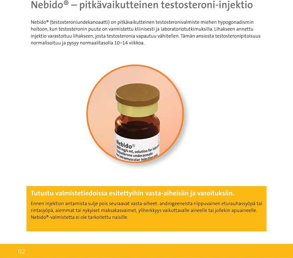 Tämän ansiosta testosteronipitoisuus normalisoituu ja pysyy normaalitasolla 10 14 viikkoa. Tutustu valmistetiedoissa esitettyihin vasta-aiheisiin ja varoituksiin.