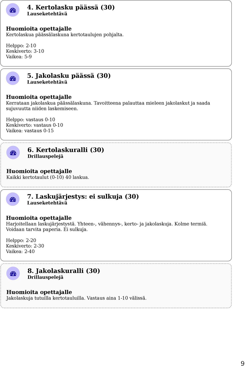 Kertolaskuralli (30) Drillauspelejä Kaikki kertotaulut (0-10) 40 laskua. 7. Laskujärjestys: ei sulkuja (30) Harjoitellaan laskujärjestystä.