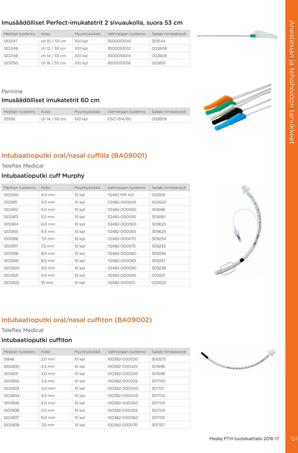 Intubaatioputki cuff Murphy 1200810 4,0 mm 10 kpl 112482 MM 4,0 002619 1200811 4,5 mm 10 kpl 112482-000045 002620 1200812 5,0 mm 10 kpl 112482-000050 301689 1200813 5,5 mm 10 kpl 112482-000055 301690
