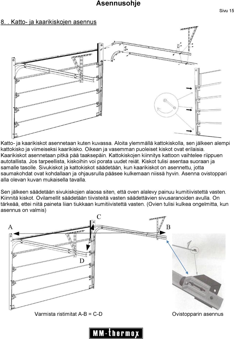 Jos tarpeellista, kiskoihin voi porata uudet reiät. Kiskot tulisi asentaa suoraan ja samalle tasolle.