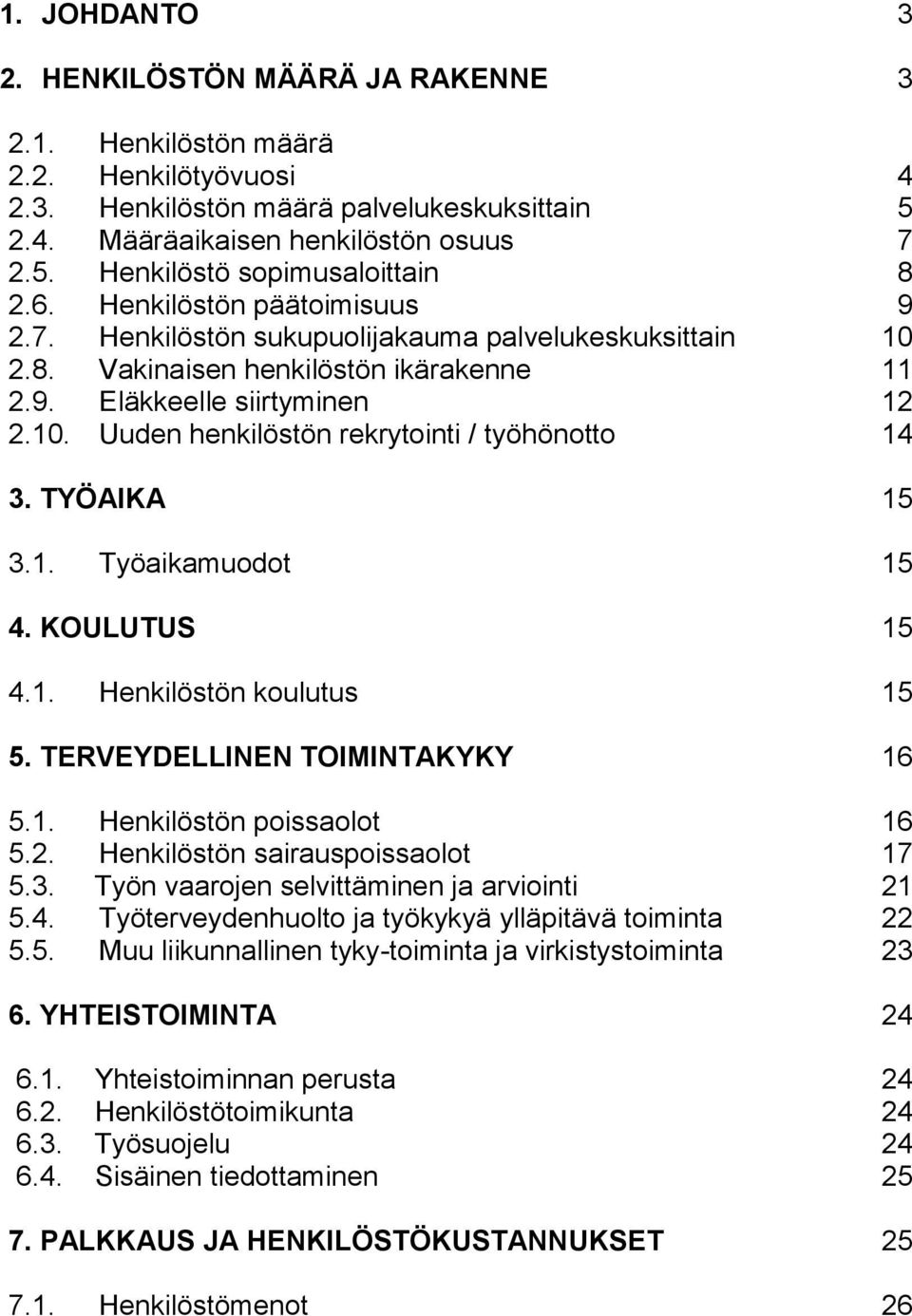 TYÖAIKA 15 3.1. Työaikamuodot 15 4. KOULUTUS 15 4.1. Henkilöstön koulutus 15 5. TERVEYDELLINEN TOIMINTAKYKY 16 5.1. Henkilöstön poissaolot 16 5.2. Henkilöstön sairauspoissaolot 17 5.3. Työn vaarojen selvittäminen ja arviointi 21 5.