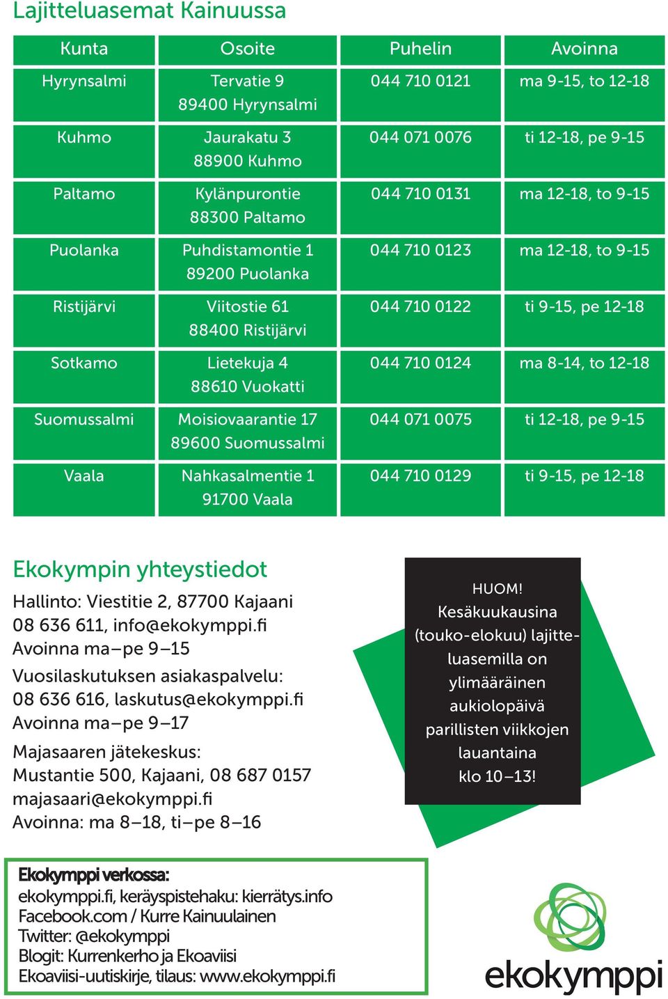 Moisiovaarantie 17 89600 Suomussalmi Vaala Nahkasalmentie 1 91700 Vaala 044 710 0123 ma 12-18, to 9-15 044 710 0122 ti 9-15, pe 12-18 044 710 0124 ma 8-14, to 12-18 044 071 0075 ti 12-18, pe 9-15 044