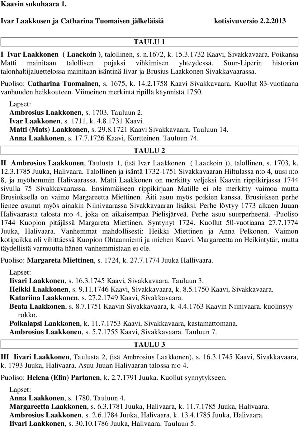 Puoliso: Catharina Tuomainen, s. 1675, k. 14.2.1758 Kaavi Sivakkavaara. Kuollut 83-vuotiaana vanhuuden heikkouteen. Viimeinen merkintä ripillä käynnistä 1750. Ambrosius Laakkonen, s. 1703. Tauluun 2.