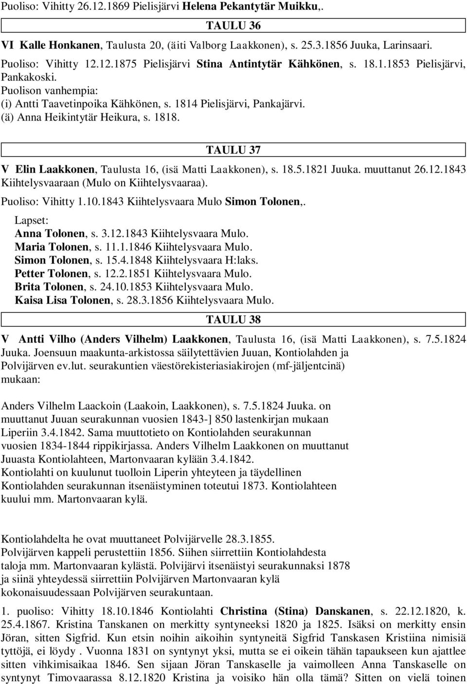 TAULU 37 V Elin Laakkonen, Taulusta 16, (isä Matti Laakkonen), s. 18.5.1821 Juuka. muuttanut 26.12.1843 Kiihtelysvaaraan (Mulo on Kiihtelysvaaraa). Puoliso: Vihitty 1.10.