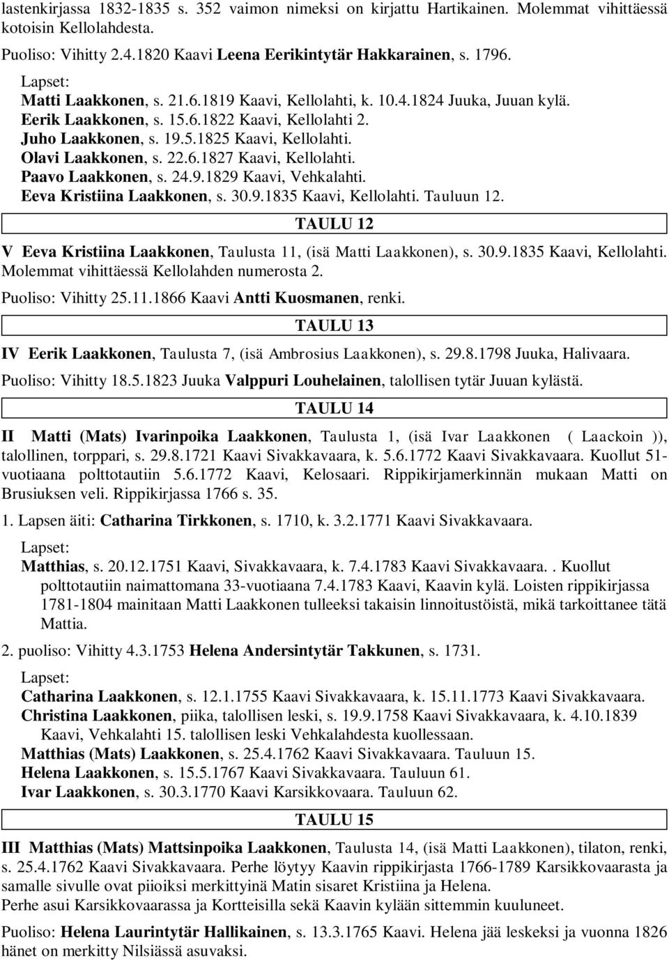 22.6.1827 Kaavi, Kellolahti. Paavo Laakkonen, s. 24.9.1829 Kaavi, Vehkalahti. Eeva Kristiina Laakkonen, s. 30.9.1835 Kaavi, Kellolahti. Tauluun 12.