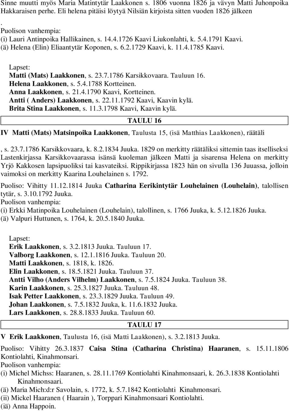 Tauluun 16. Helena Laakkonen, s. 5.4.1788 Kortteinen. Anna Laakkonen, s. 21.4.1790 Kaavi, Kortteinen. Antti ( Anders) Laakkonen, s. 22.11.1792 Kaavi, Kaavin kylä. Brita Stina Laakkonen, s. 11.3.