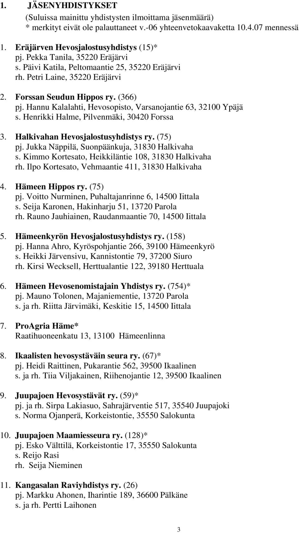 Hannu Kalalahti, Hevosopisto, Varsanojantie 63, 32100 Ypäjä s. Henrikki Halme, Pilvenmäki, 30420 Forssa 3. Halkivahan Hevosjalostusyhdistys ry. (75) pj. Jukka Näppilä, Suonpäänkuja, 31830 Halkivaha s.