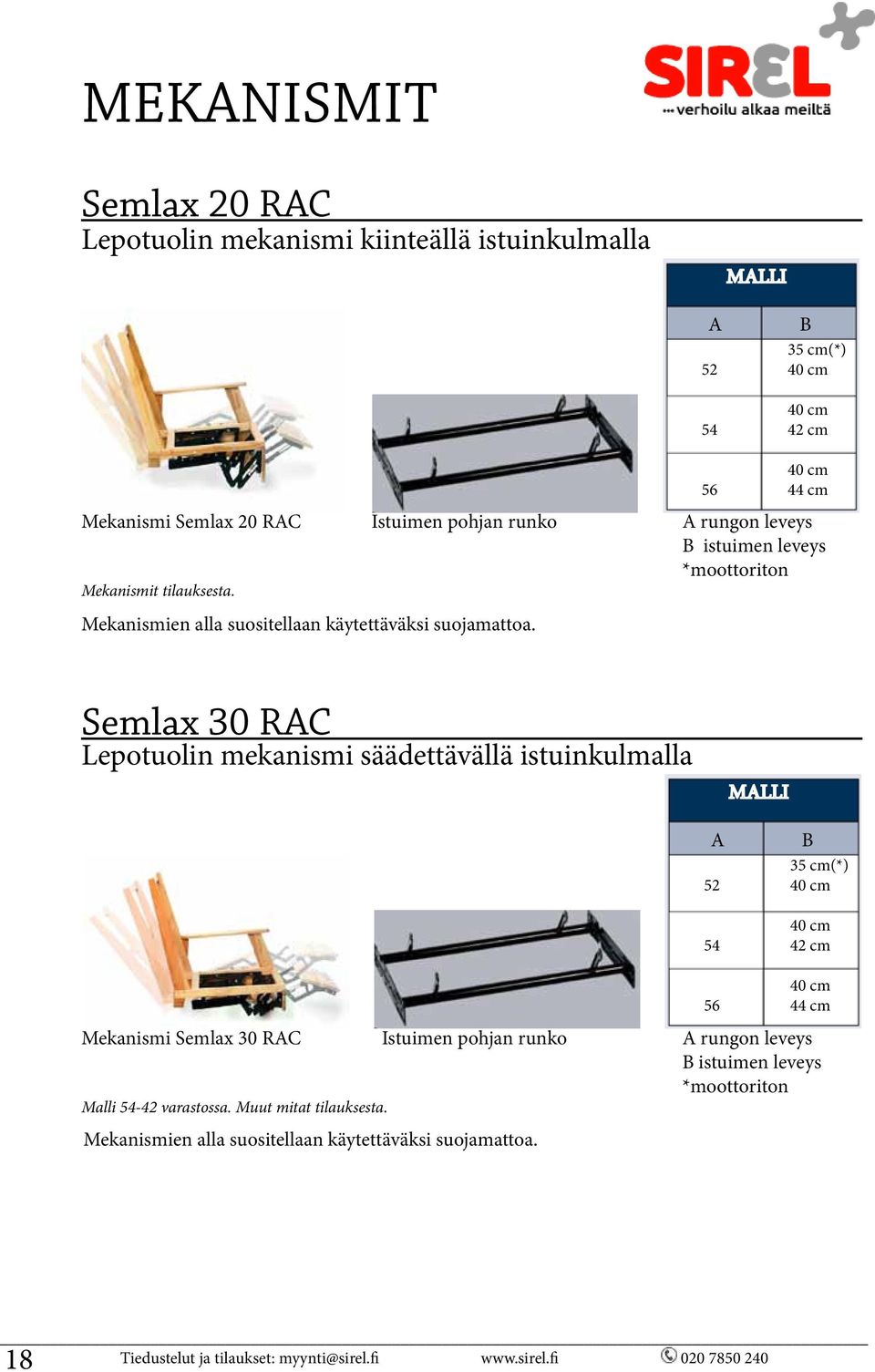 Semlax 30 RAC Lepotuolin mekanismi säädettävällä istuinkulmalla A B 35 cm(*) 52 40 cm 40 cm 54 42 cm 40 cm 56 44 cm Mekanismi Semlax 30 RAC Istuimen pohjan runko A rungon